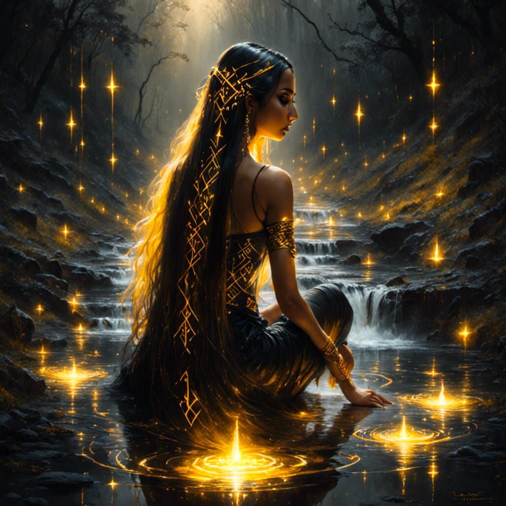 Glowing Rune Woman Meditating in Forest