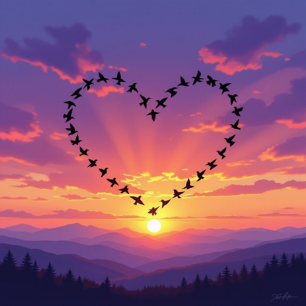 Starlings Form Heart Shape in Ethereal Twilight Sky
