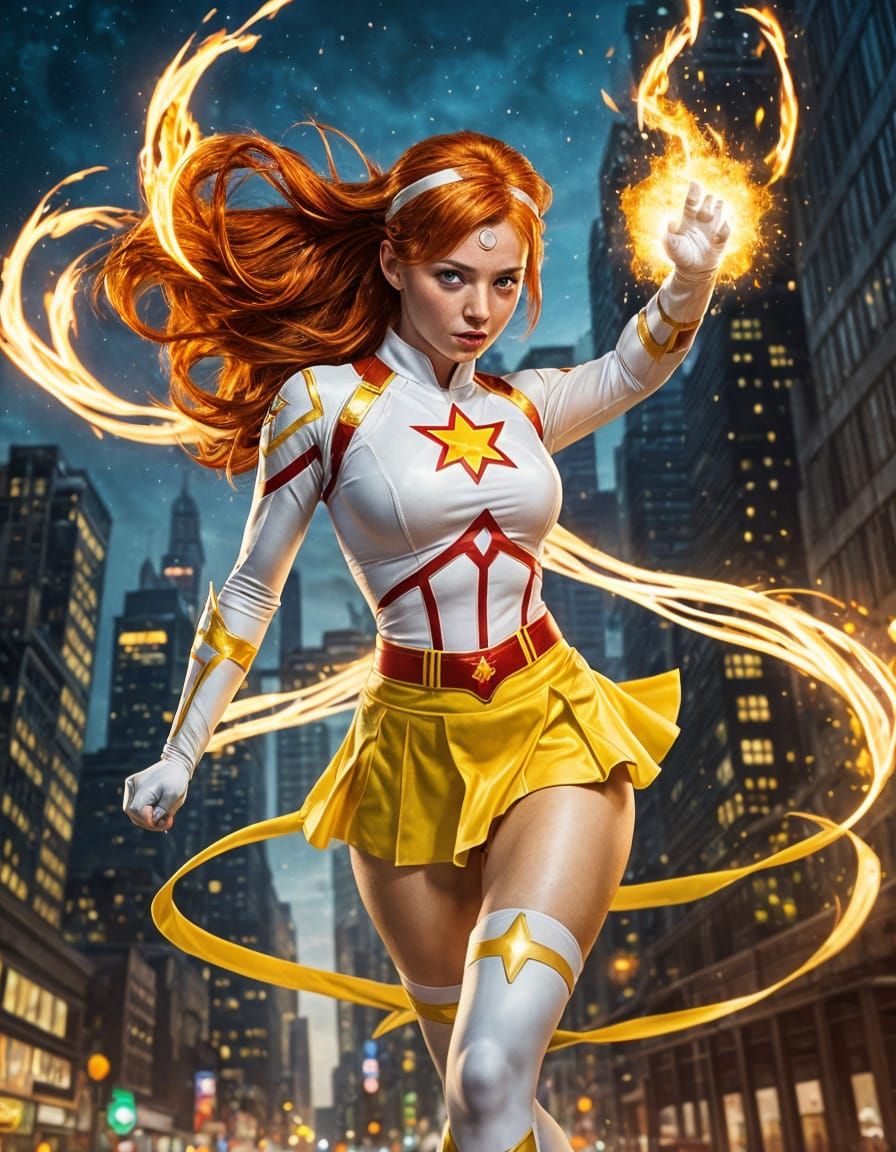 Redhead Superhero Girl in Action Painting Style