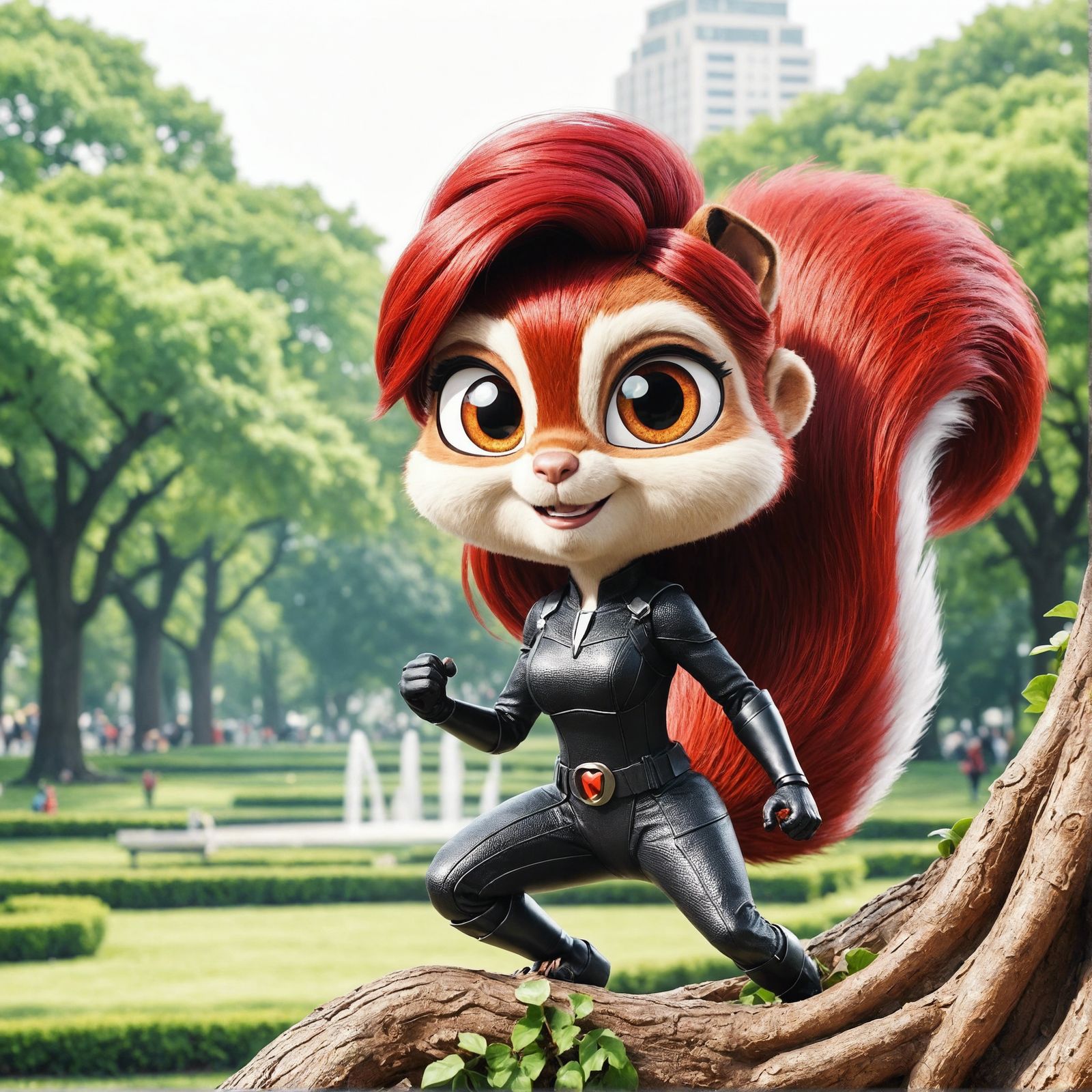 Cartoon Squirrel Superhero in Urban Park