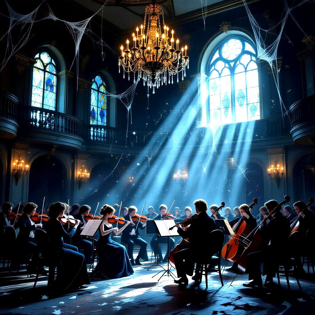 Regency Orchestra in Faded Ballroom, Impressionistic Style