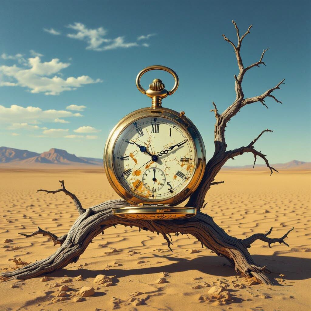 Melting Pocket Watch on Barren Tree in Desert, Dali Style