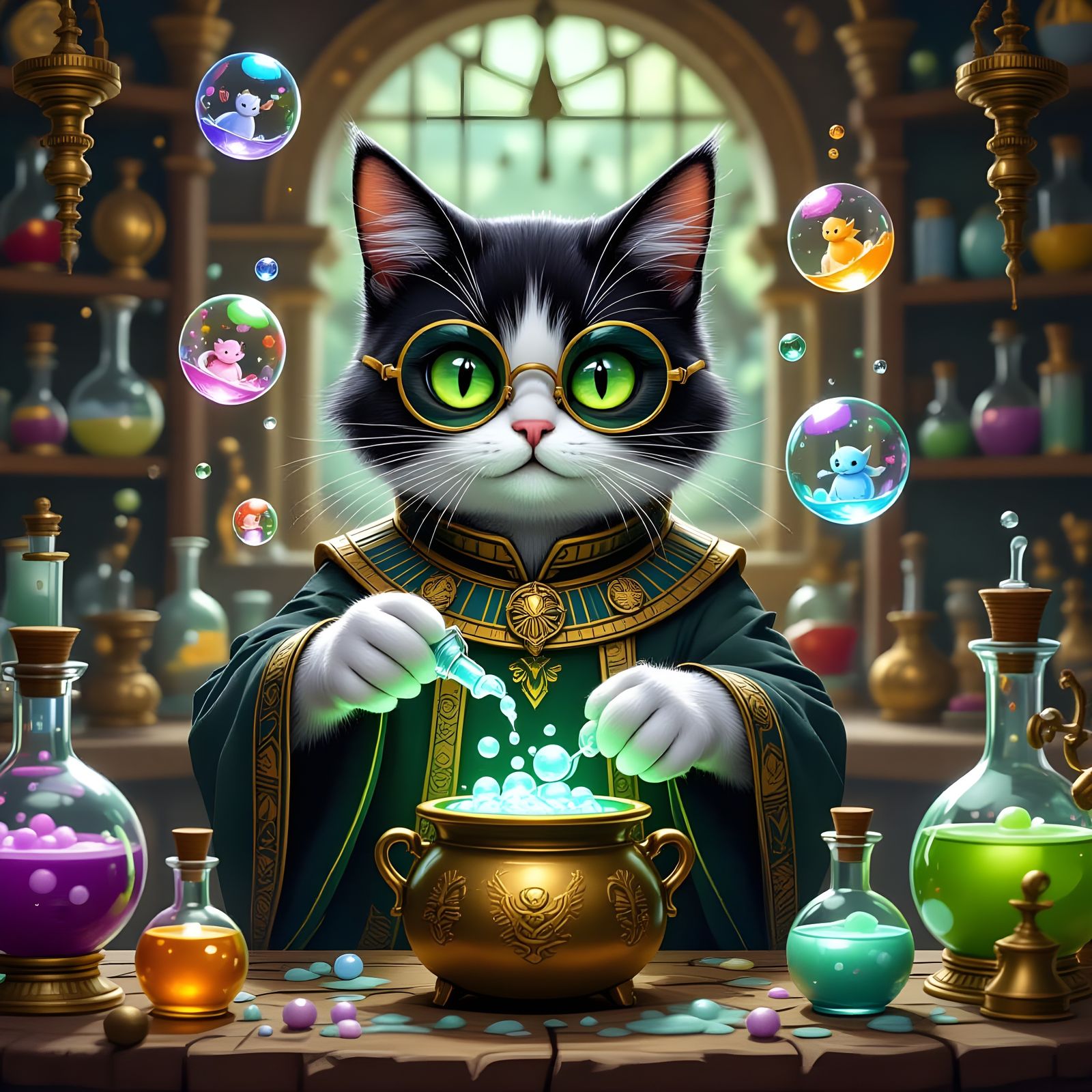 Egyptian Cat Alchemist Creating Bubble Potions