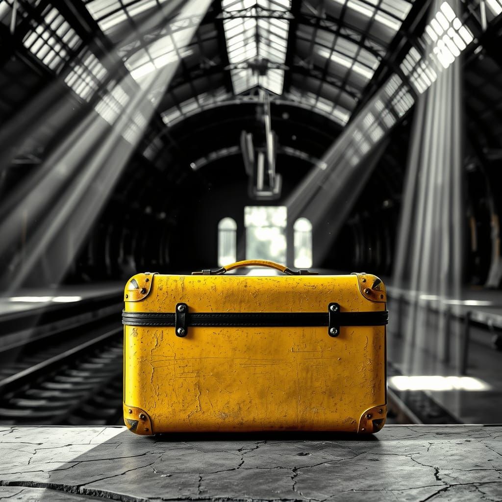 Vibrant Yellow Suitcase Amidst Abandoned Train Station