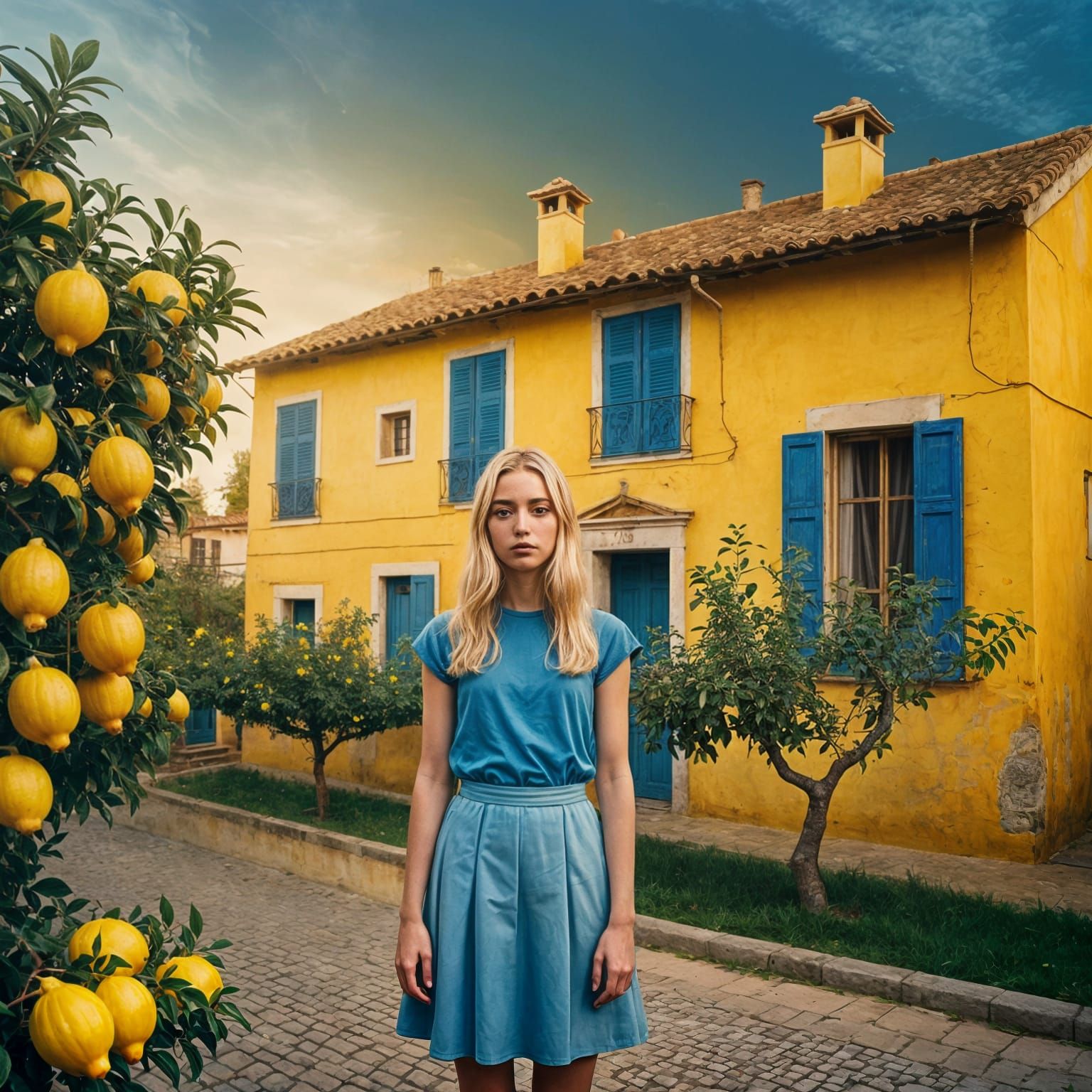Lemon Trees, Yellow Houses and Blonde Girl, in Surreal Style