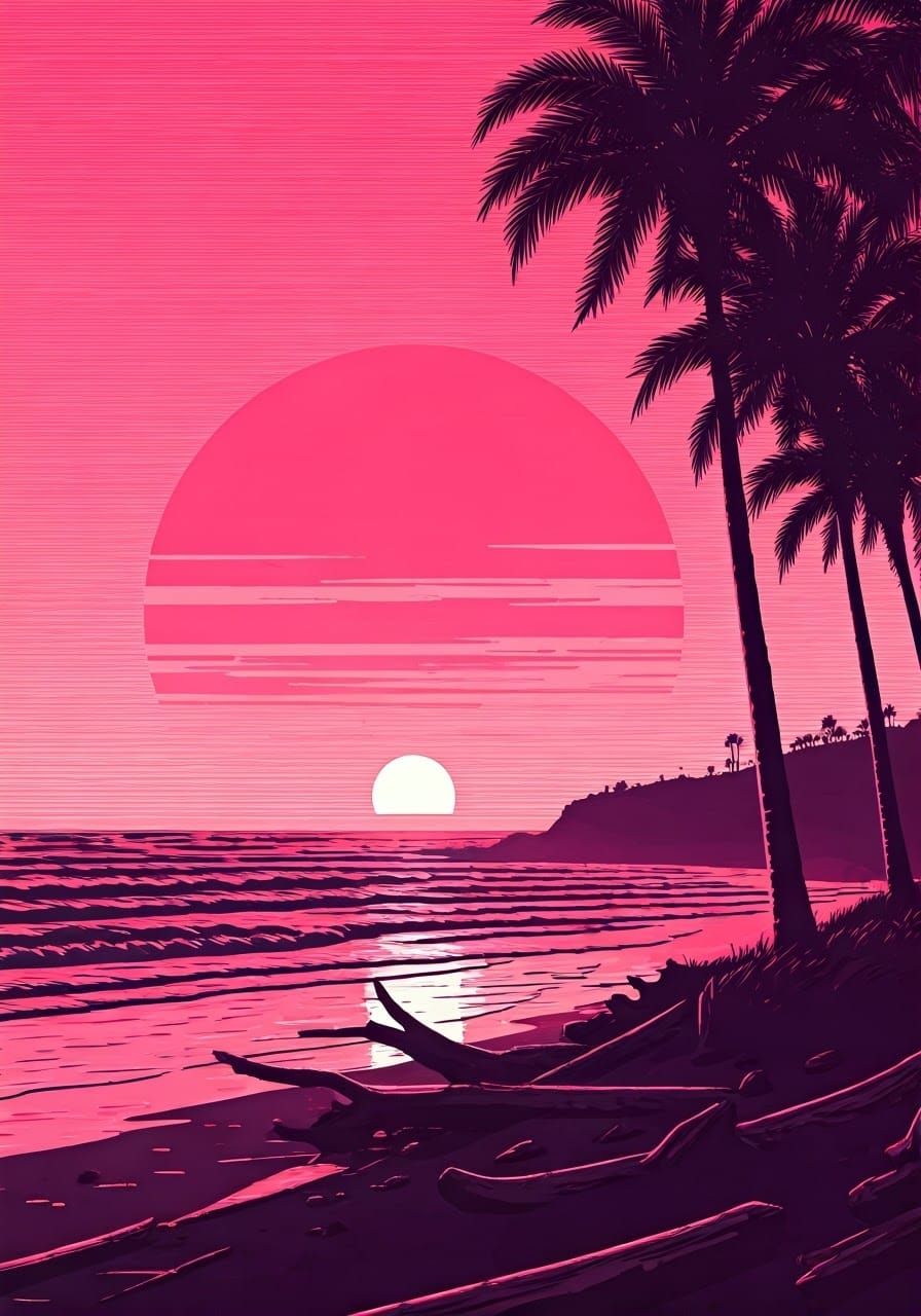 Sunset Beach with Palm Trees in Synthwave Woodcut Style