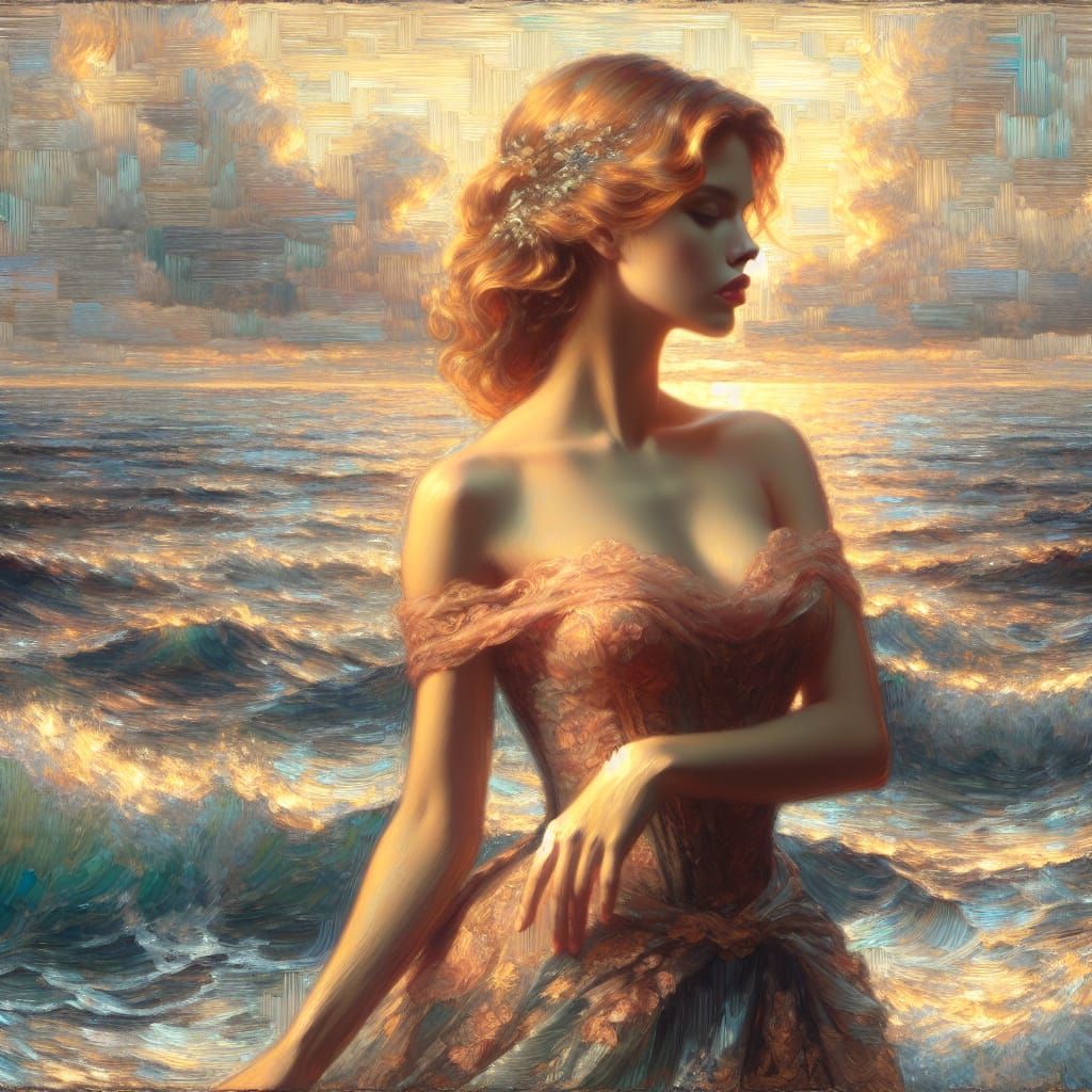 Image: Portrait of a pretty young woman and the roaring sea  /3