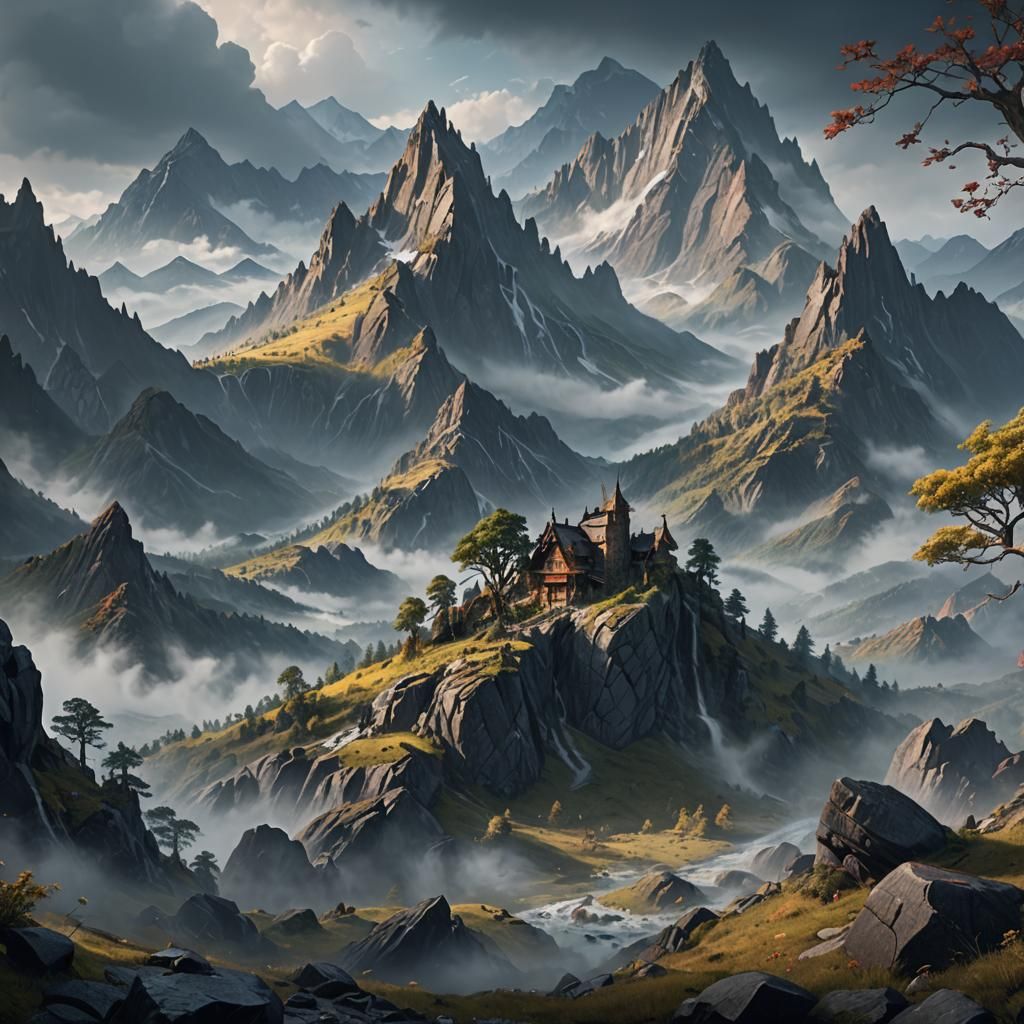 Misty Mountain Landscape in Detailed Matte Painting