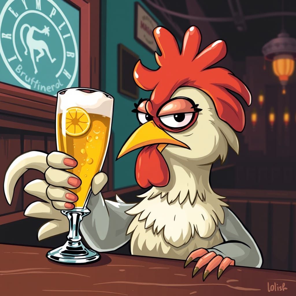 Grumpy Calimero Chicken Drinks Beer in Pub