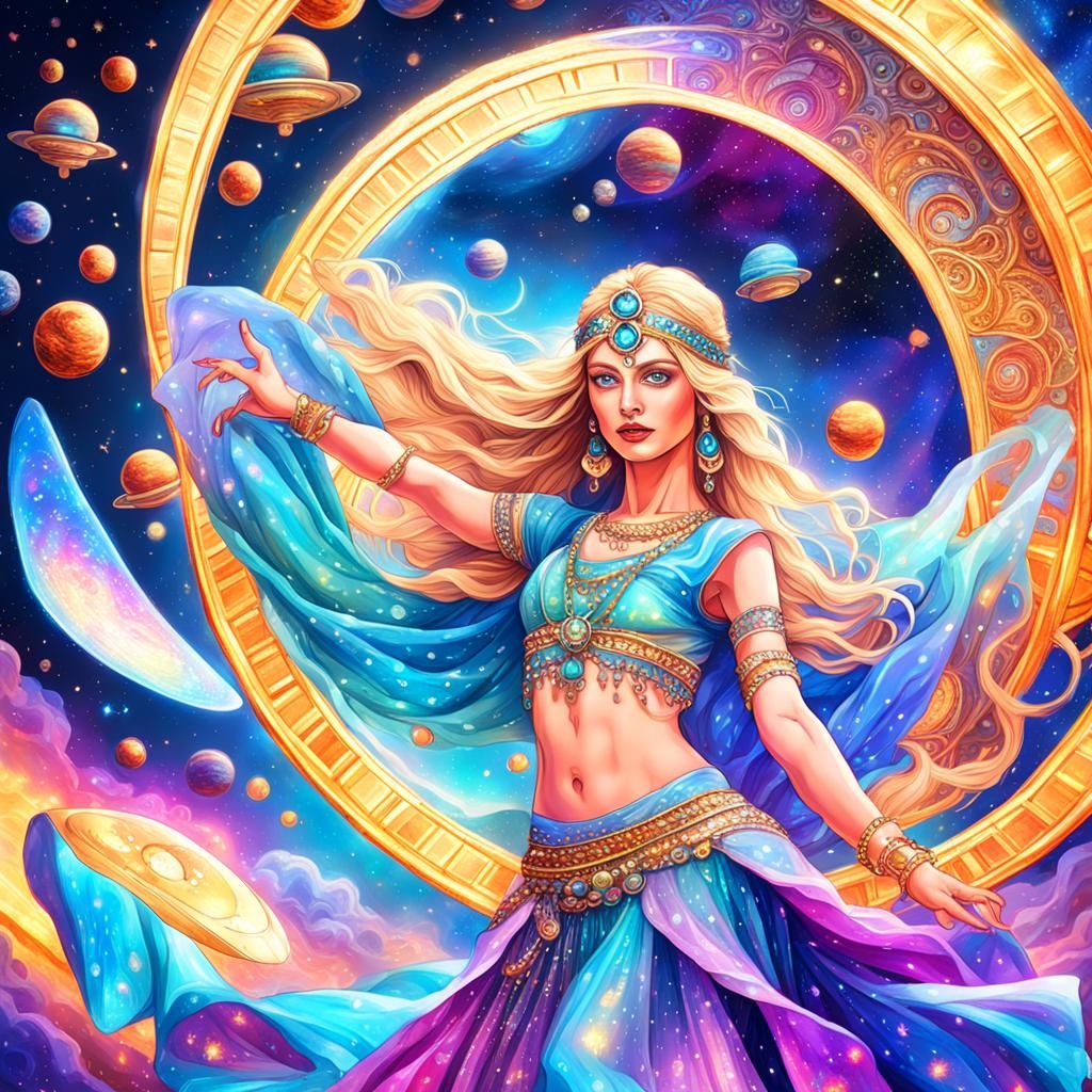 Blonde Belly Dancer with Flying Saucer, Astral Illustration