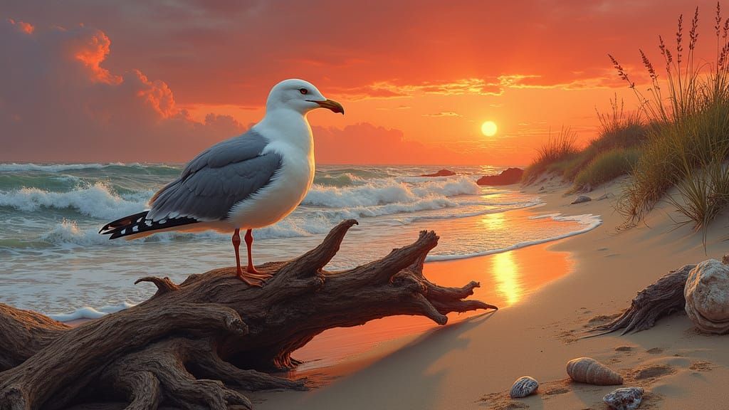 Seagull at Sunset on Ornate Driftwood