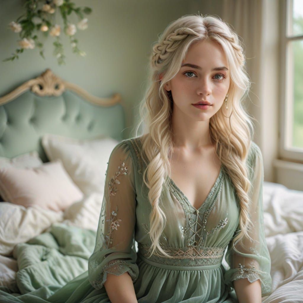 Serene Young Woman in Elegant Green Dress with Soft White Bl...