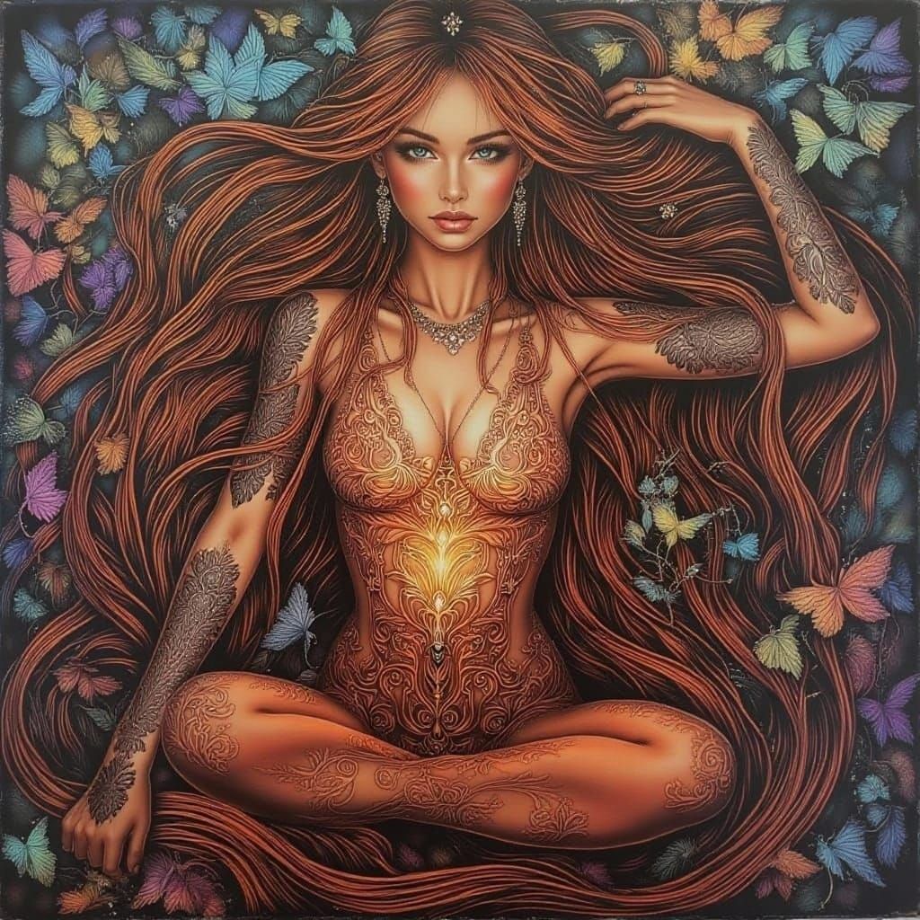 Beautiful Woman Meditating with Heart Glow in Bohemian Style