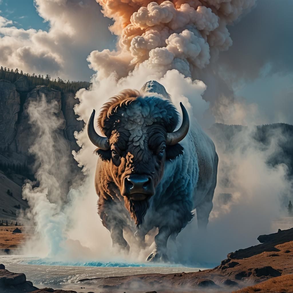 Old Faithful Geyser Eruption: Buffalo Head in Fantasy Art