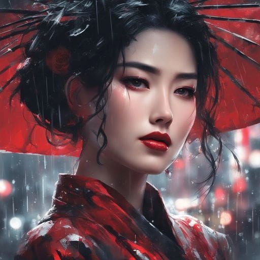 Stunning Japanese Woman in Rainy Tokyo Street
