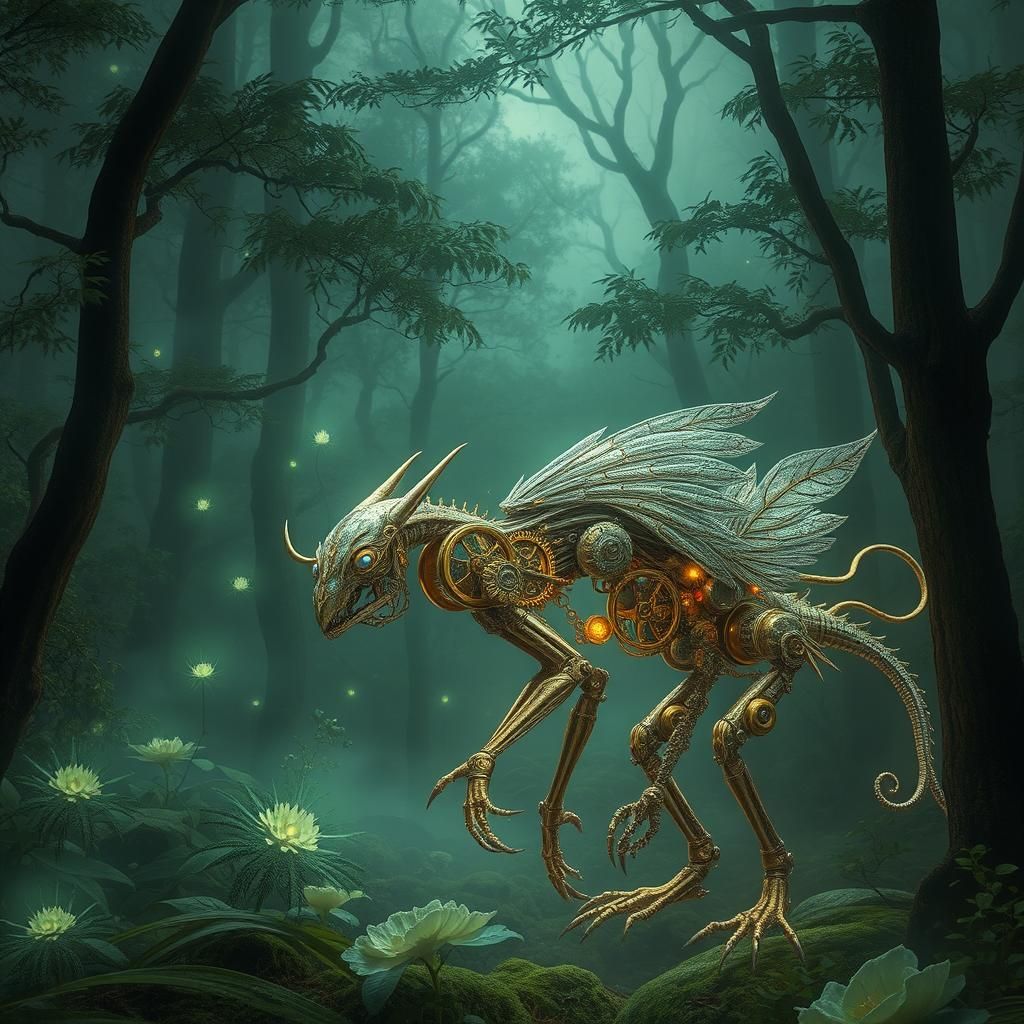 Bioluminescent Forest of Steampunk Clockwork Creatures