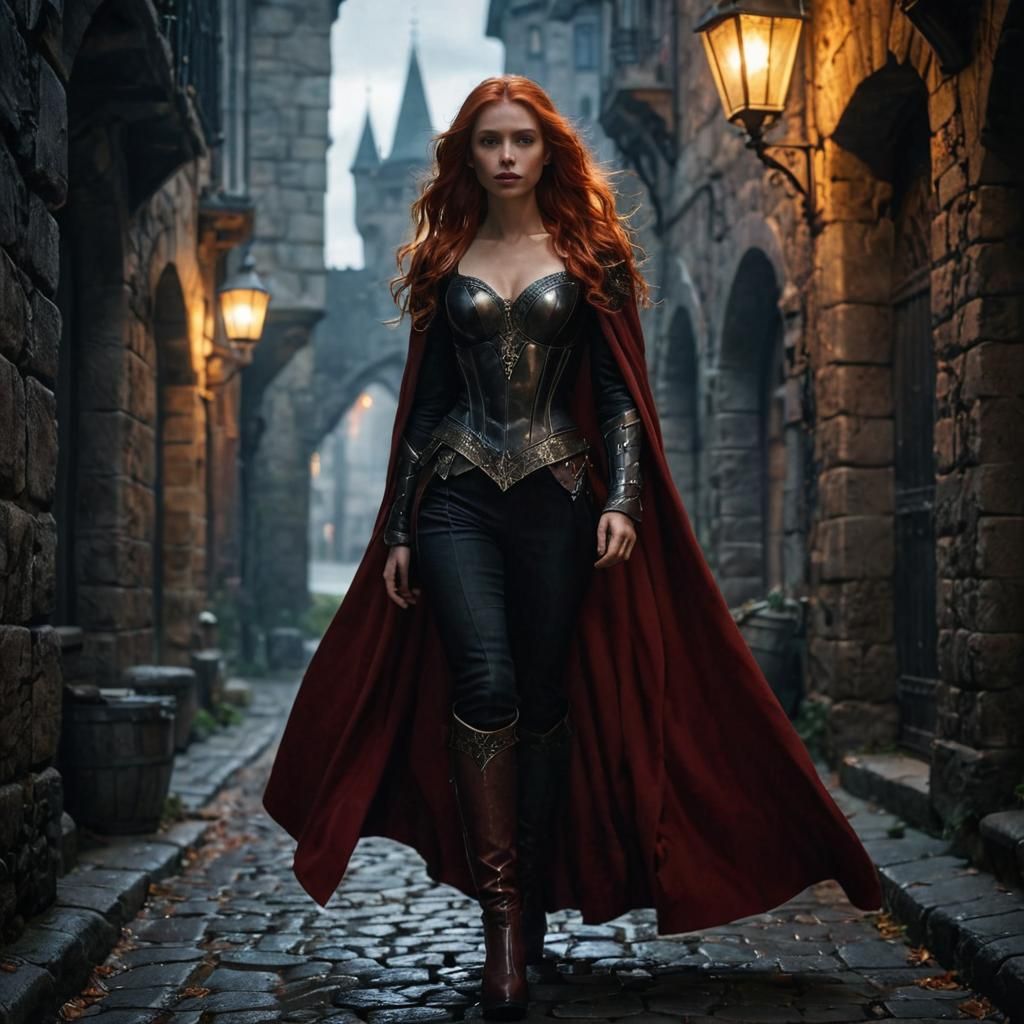 Dark Fantasy Woman in Medieval Castle Alleyway