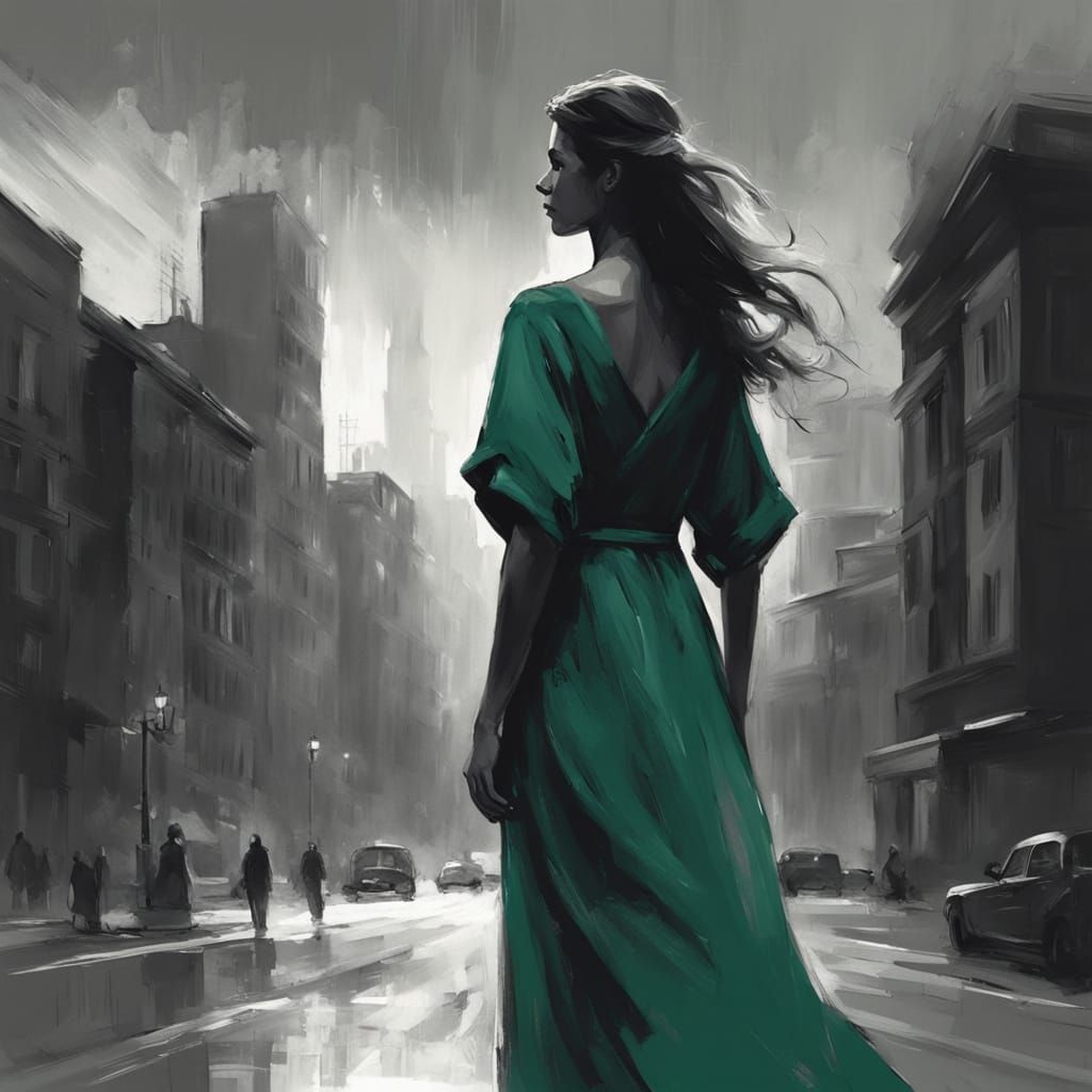Woman in Jade Dress in Dystopian City