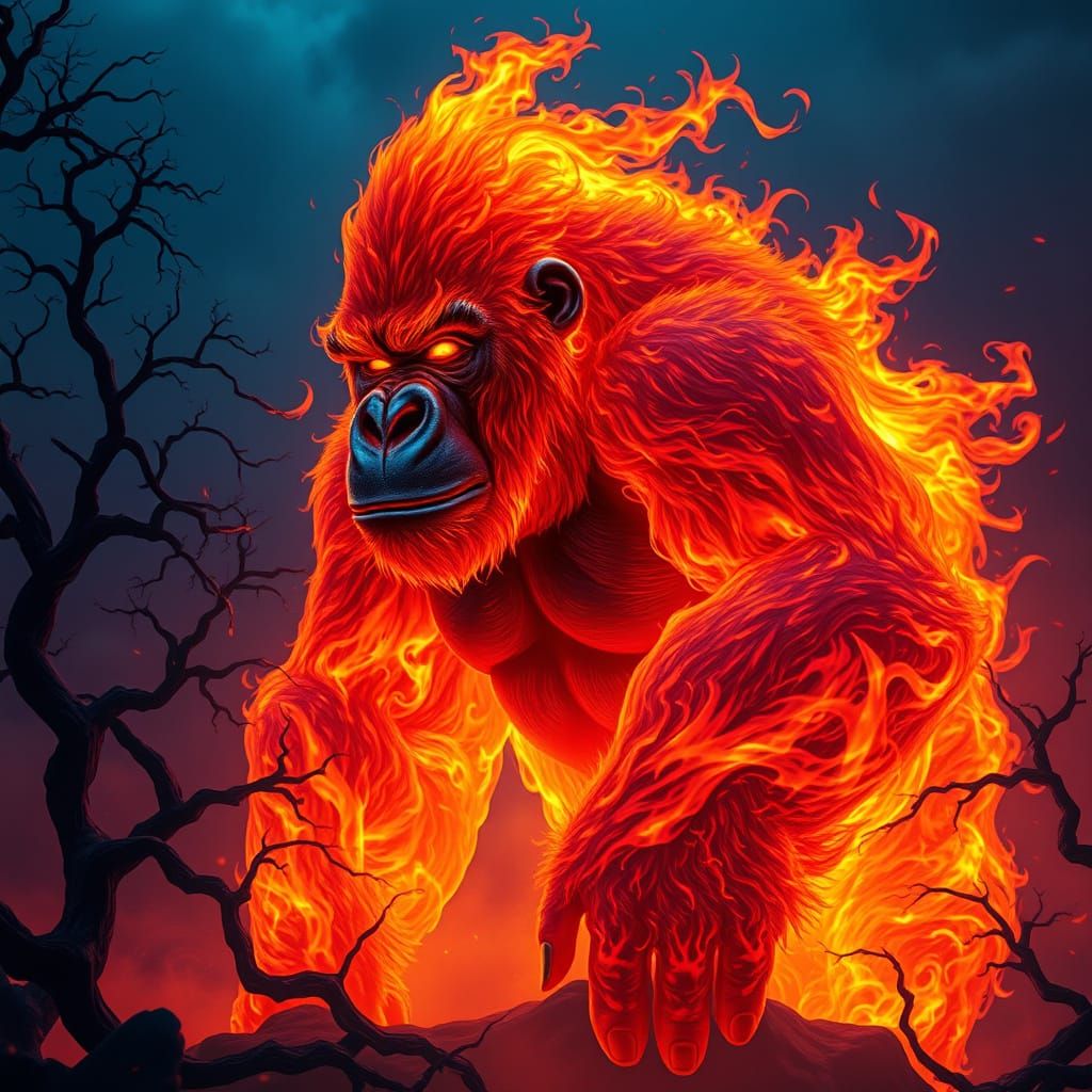 Majestic Flame Gorilla in a Dark, Mystical Realm