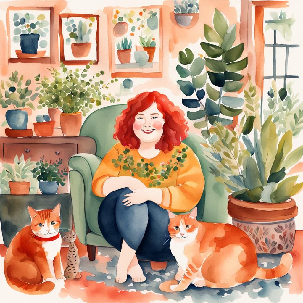 Bohemian Watercolor Portrait of a Lady with Cats