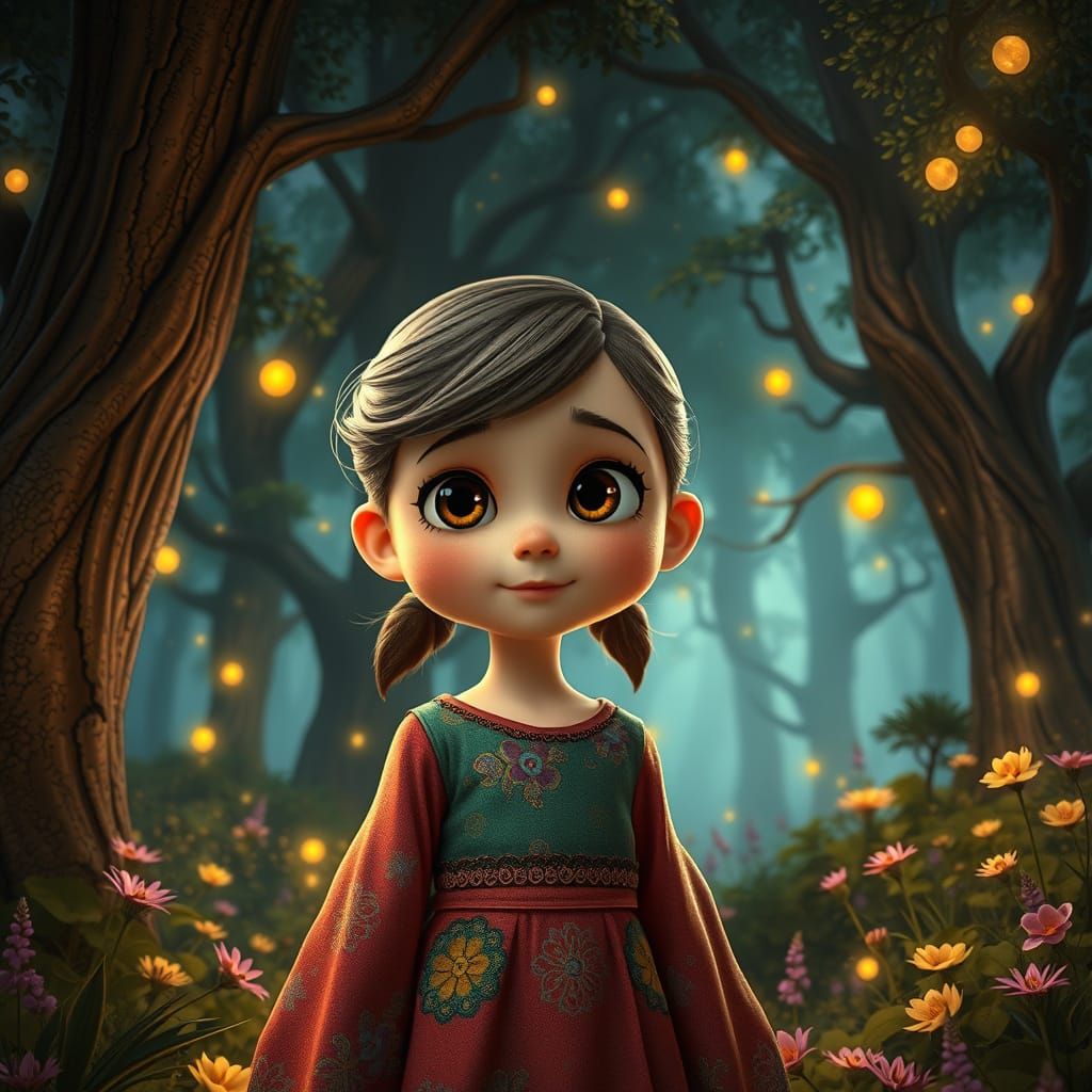 Pixar-Inspired Girl Stands in Whimsical Forest