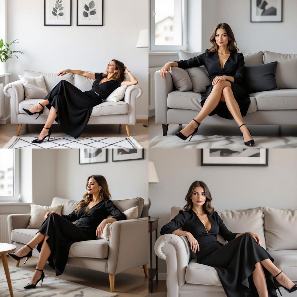 Woman Relaxing on Therapist's Couch in Black Dress