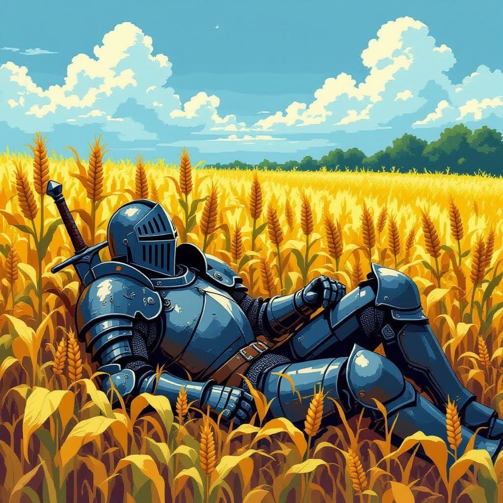 Knight Rests in Pixel Art Cornfield, Dark Fantasy Summer
