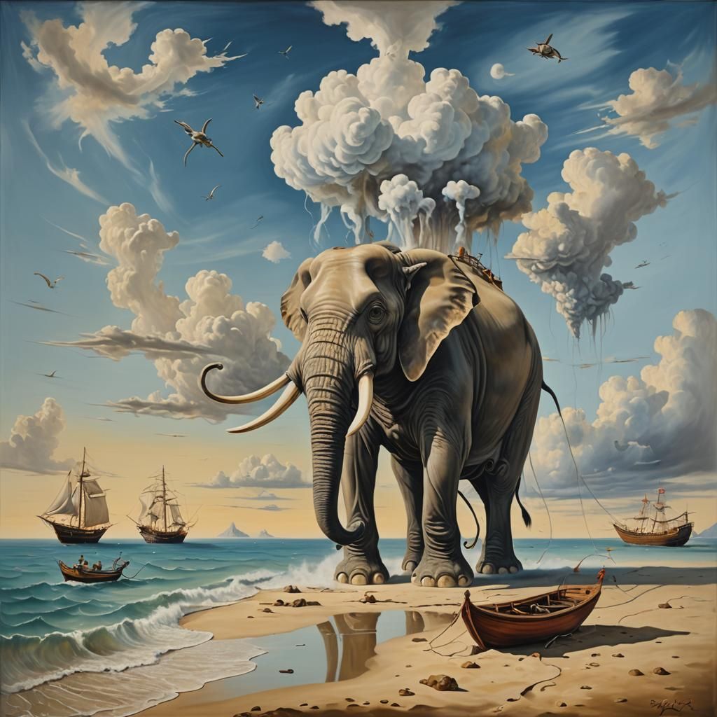 An elephant with huge long legs in a Dalí surrealistic scenario a cloud with ship form in the sky in a beach