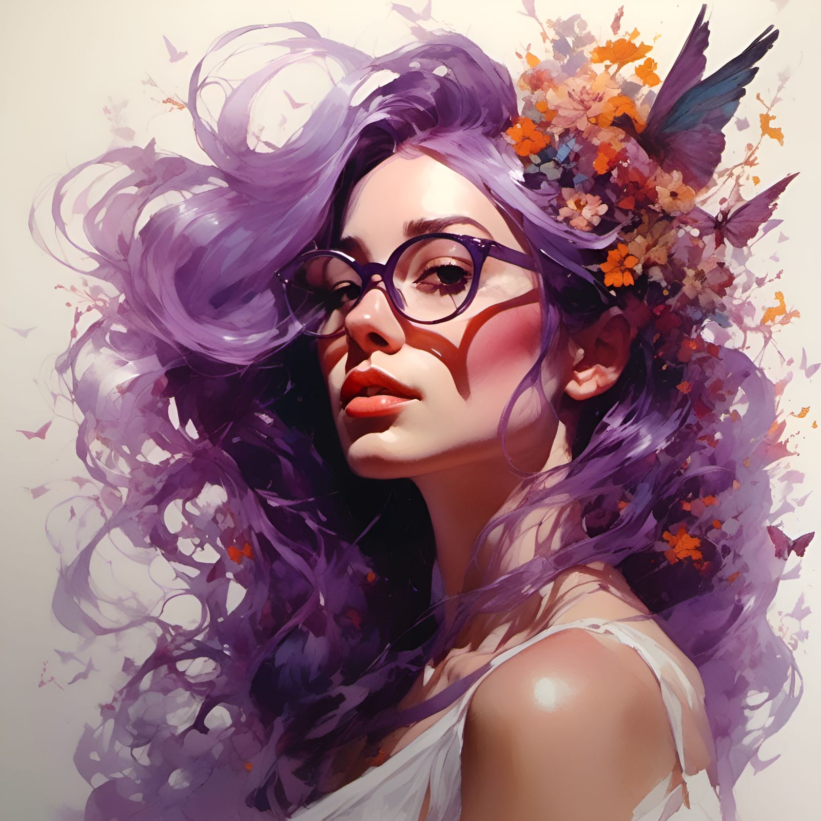 Purple-Haired Beauty in Sunlight: Detailed Portrait