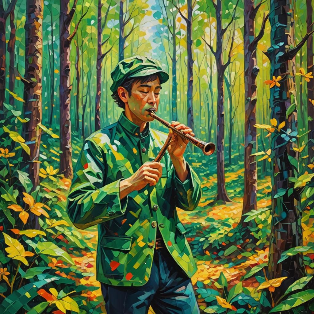 Person Plays Spam Flute: Fauvist Oil Painting