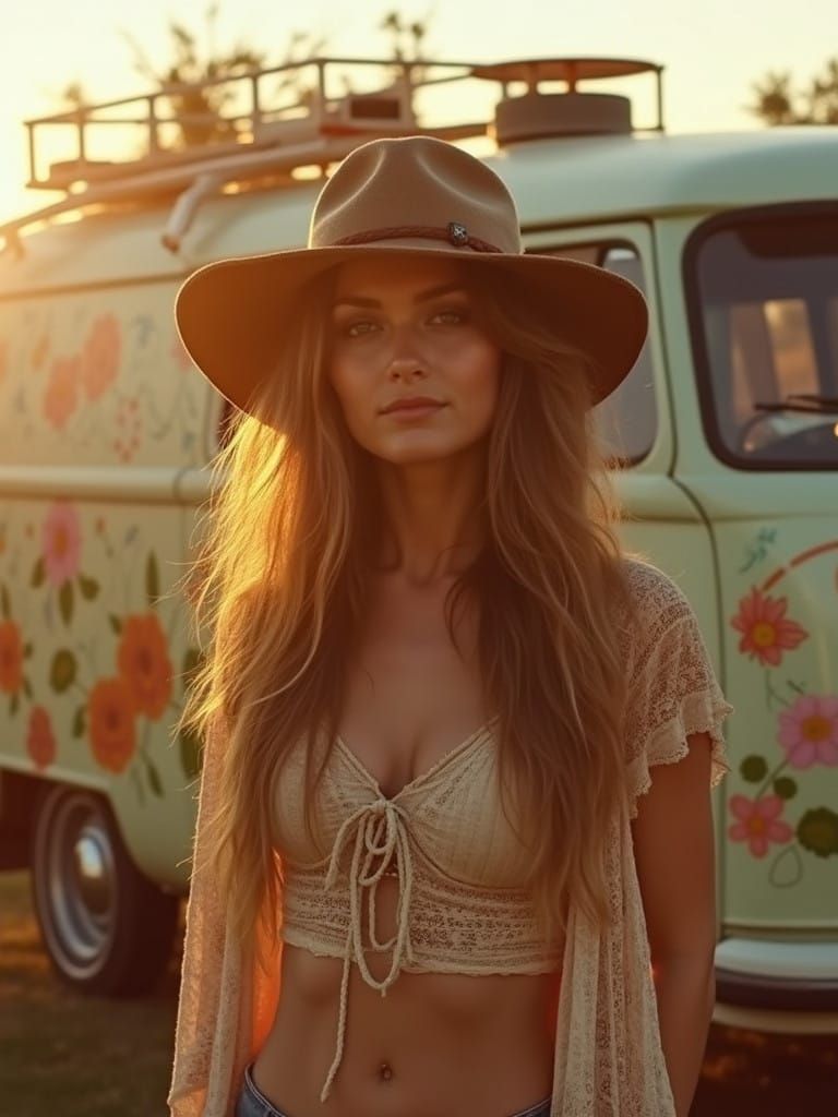 Woman in Flowing Boho Attire Amidst Sunset Glory