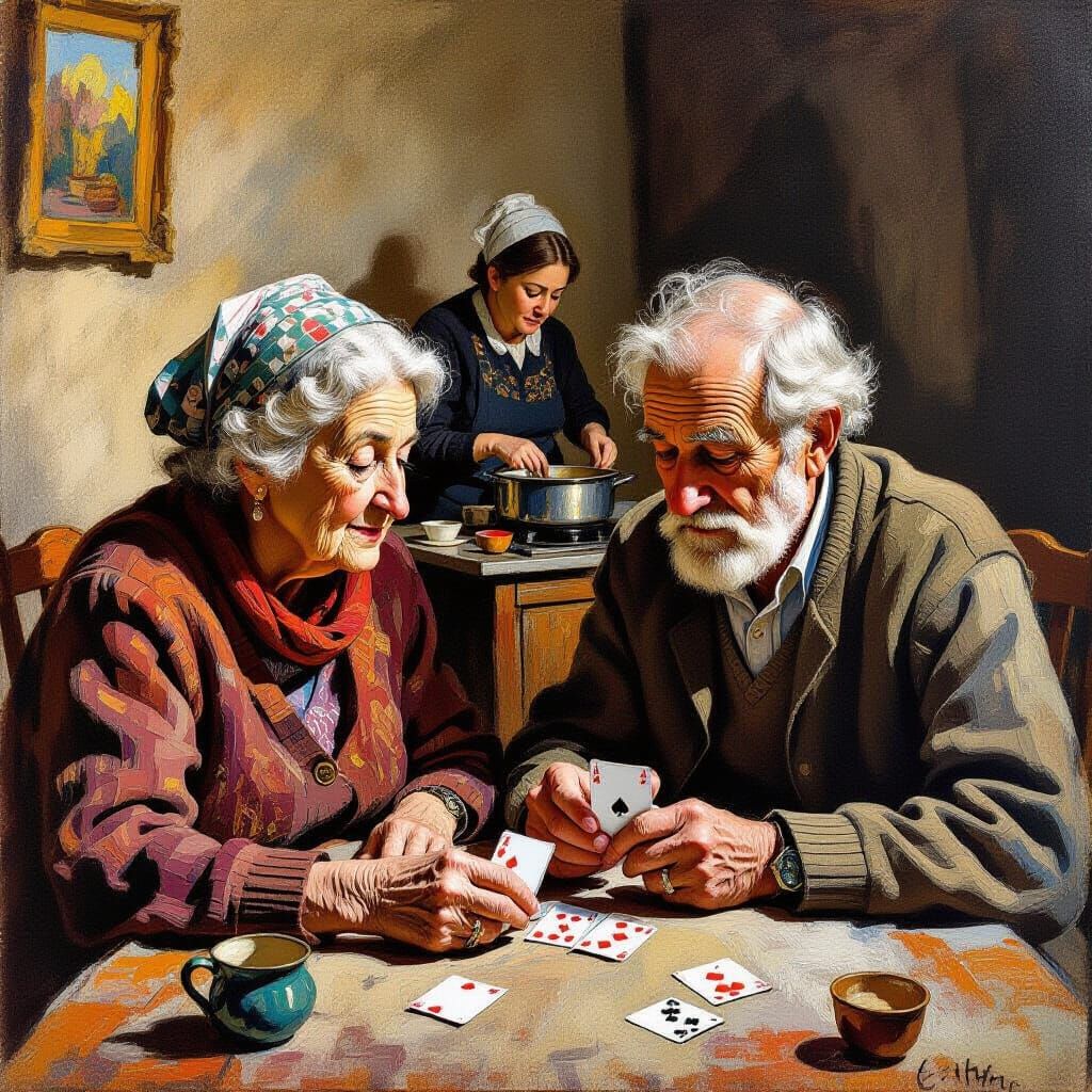 Elderly Couple Playing Cards in Surrealist Style