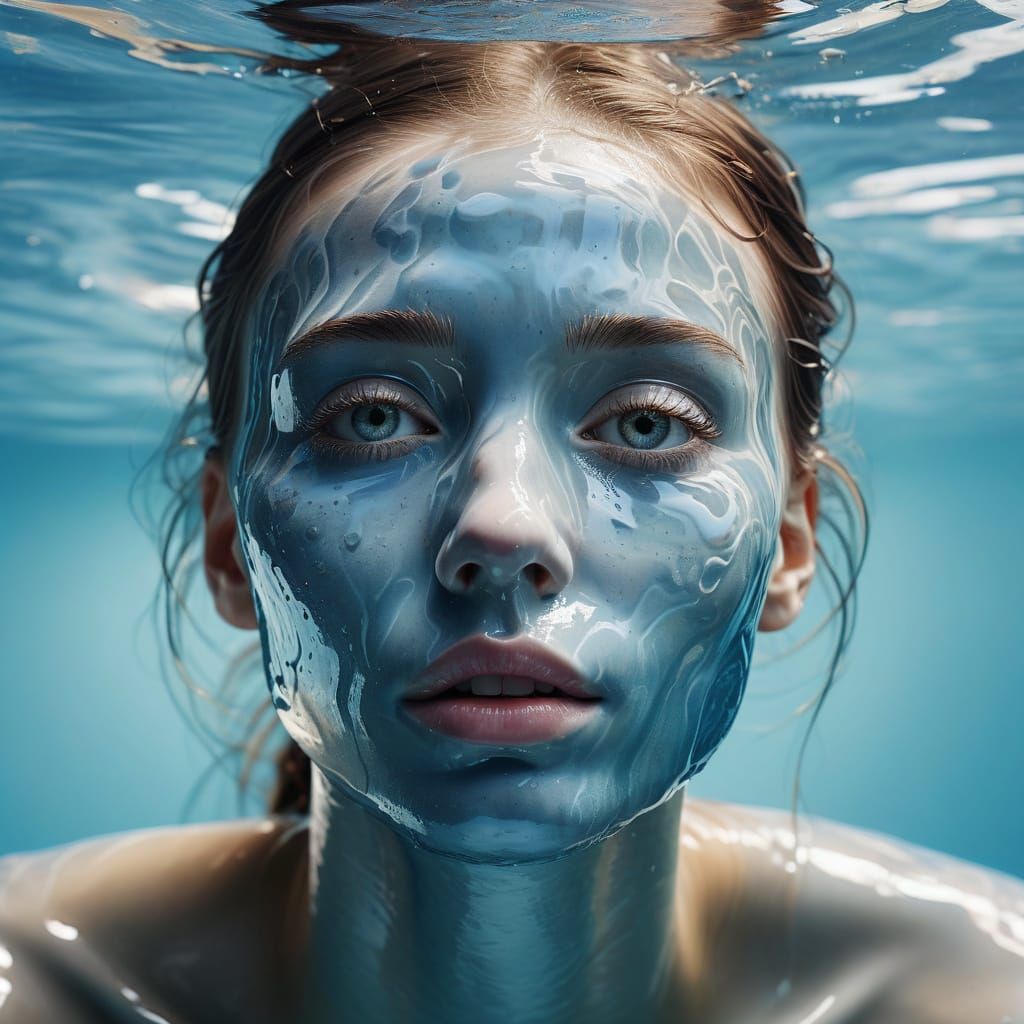 Surreal Water Face in Soft Blue Hues