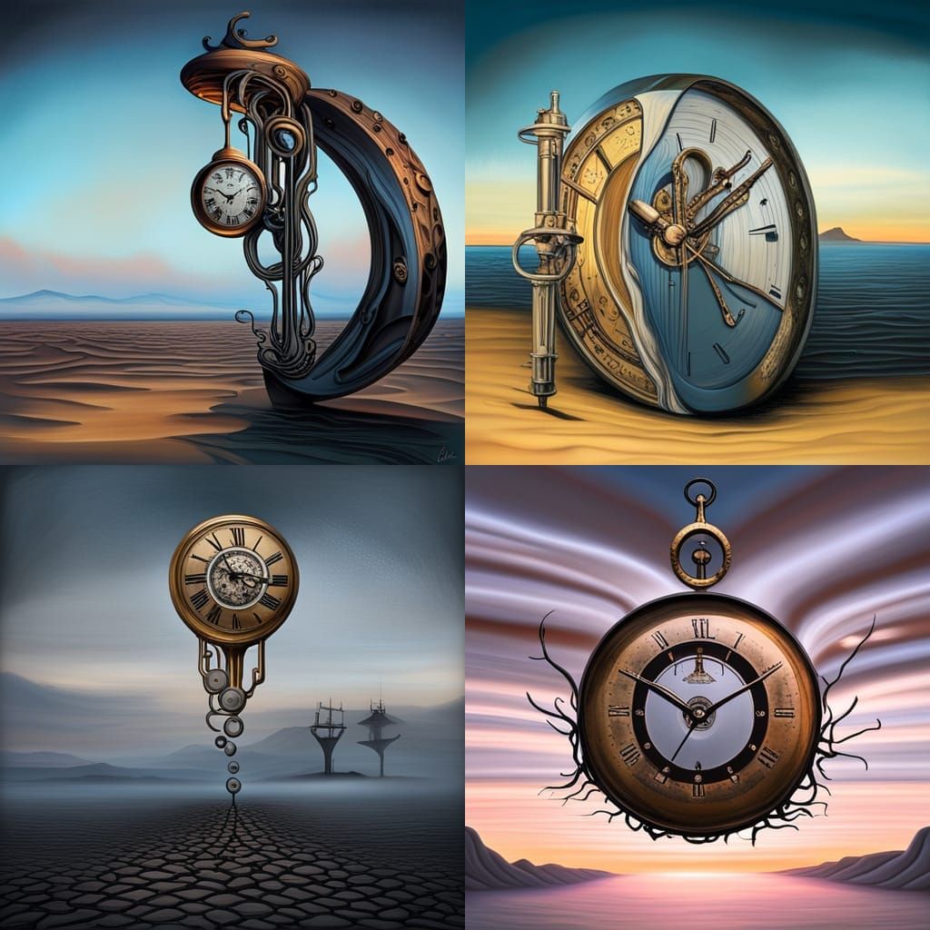 Surreal Clocks in Cyberpunk Steampunk Landscape, Digital Art