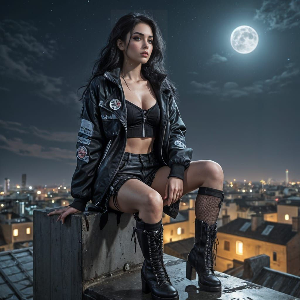 Hyper-Realistic Cyberpunk Woman Sitting on Rooftop at Night