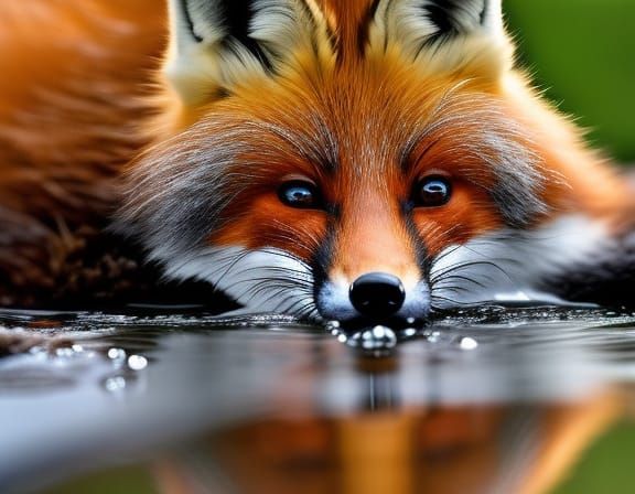 Fox blowing bubble in a puddle