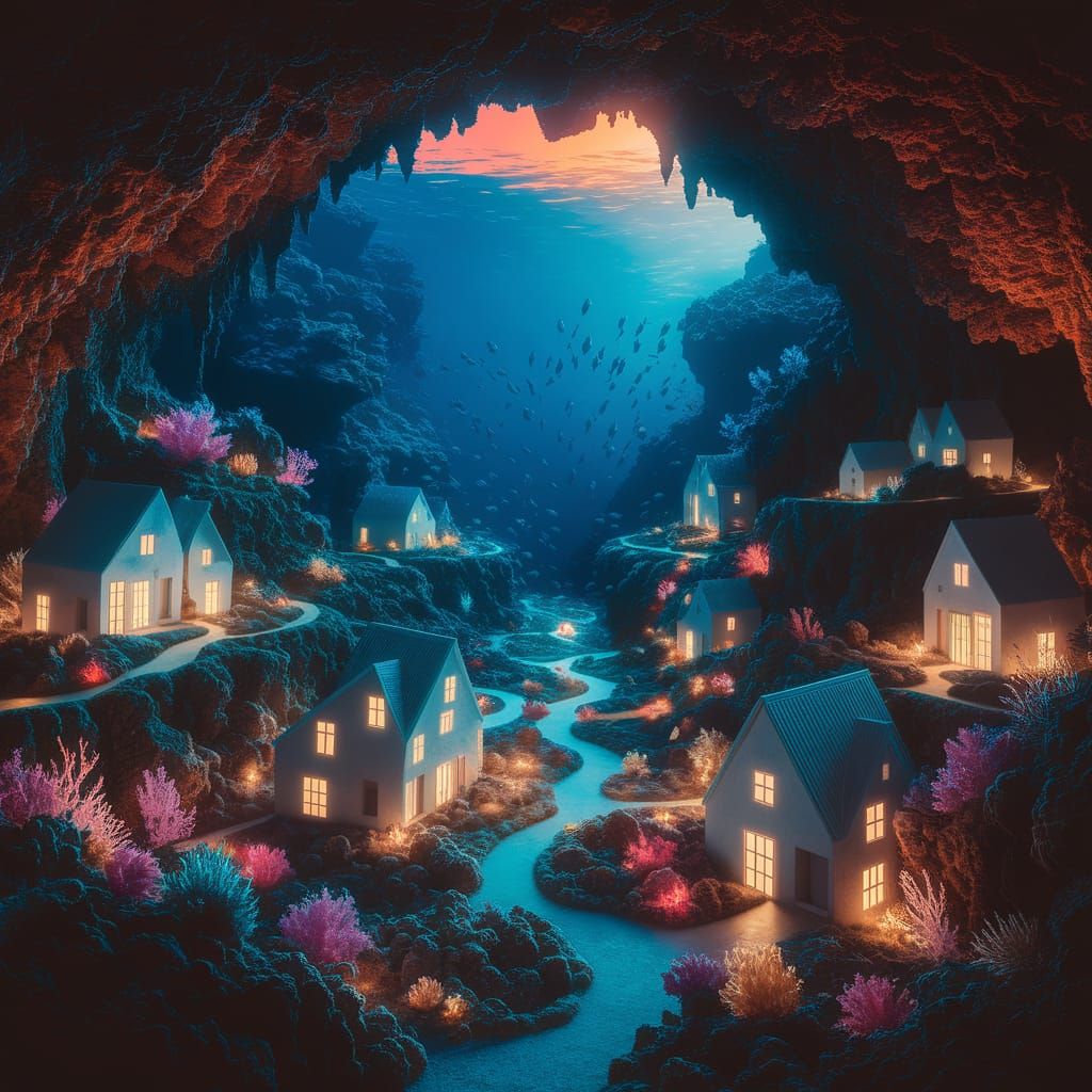 Underwater Neighborhood with Bioluminescent Lights