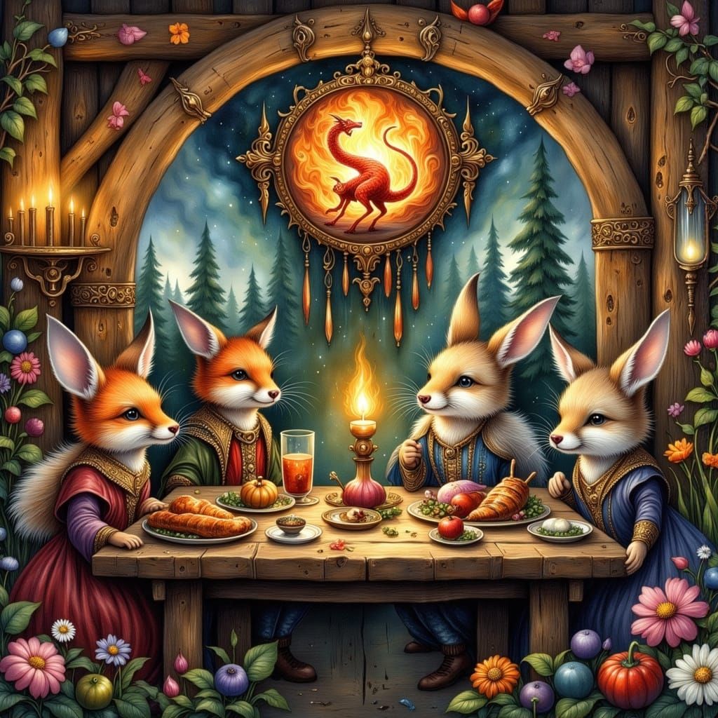Mystical Woodland Creatures Tavern Scene in Whimsical Style