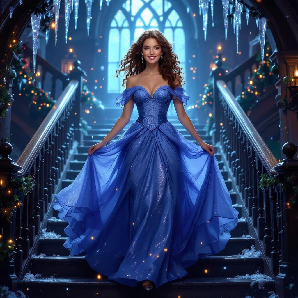 Young Witch Descends Hogwarts Staircase in Shimmering Gown