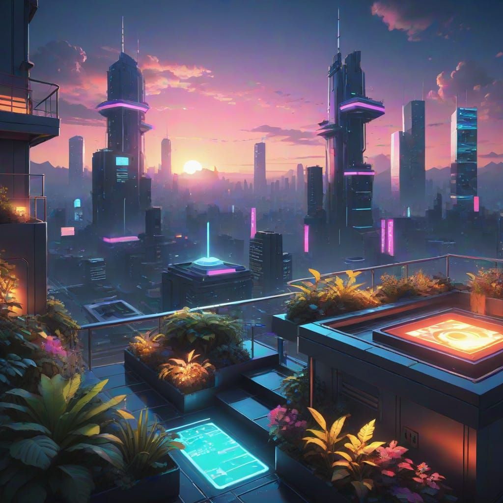 Futuristic Sky Garden with Shimmering Metal Board