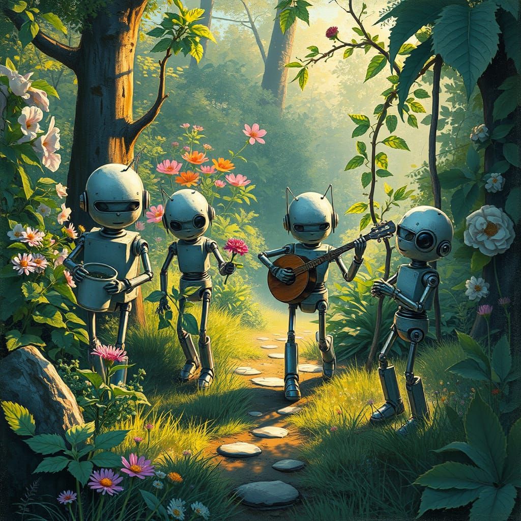 Cute Robots Enjoying a Vibrant Spring Garden