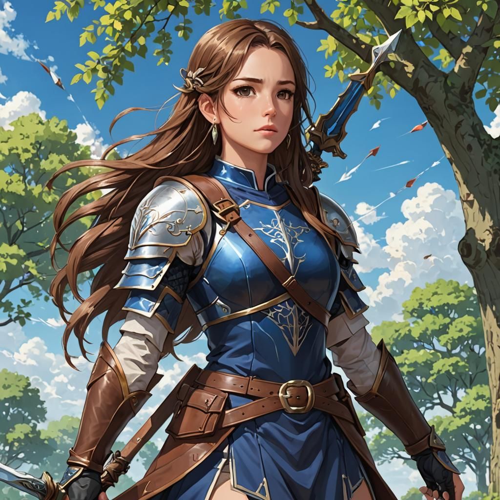 Female Warrior with Bow and Sword in Forest