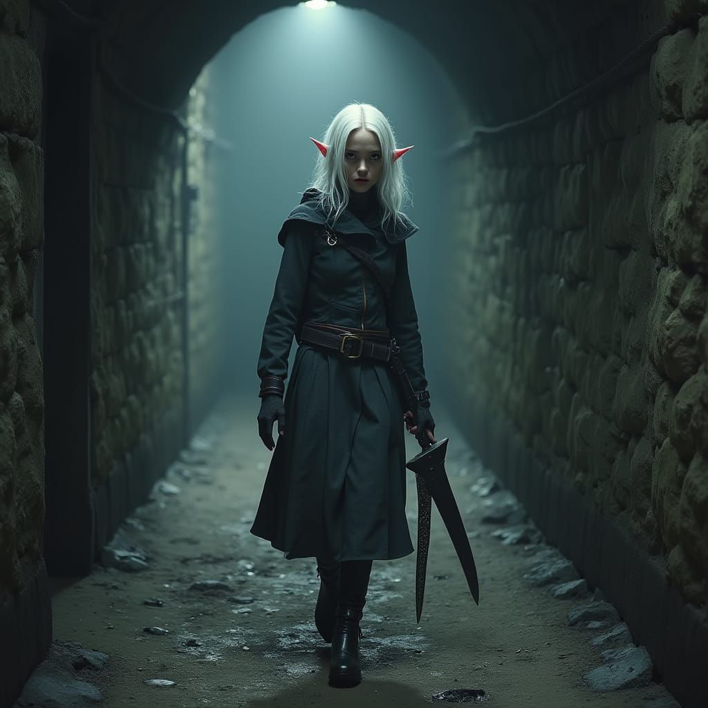 Black Skinned Elf Maiden Navigates Underground City
