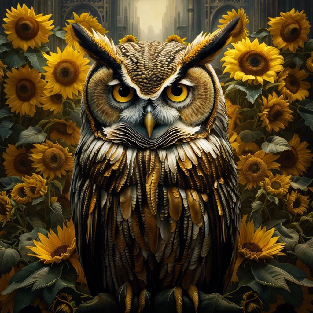 Ornate Owl Surrounded by Sunflowers in Hyperrealism