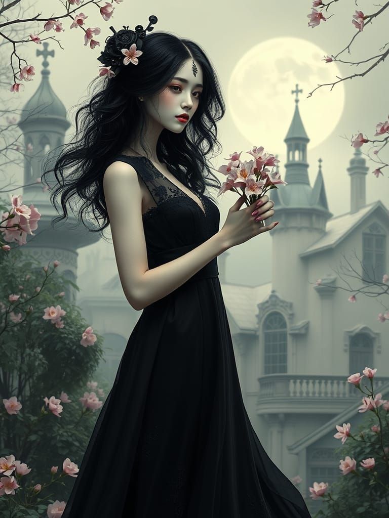 Gothic Femme Fatale Amidst Cherry Blossoms in a Victorian Ja...
