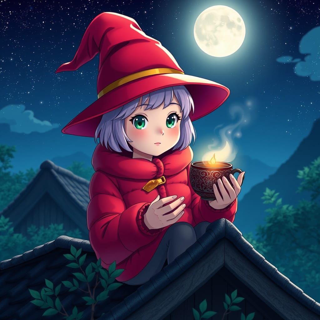 Enchanted Witch Sits on Rustic House Roof in Vibrant Concept...