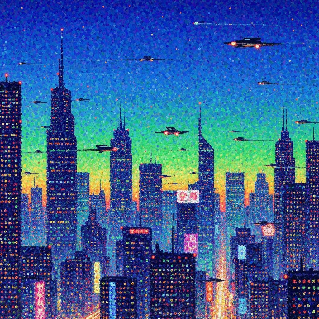 Futuristic City Skyline in Neo-Impressionist Style