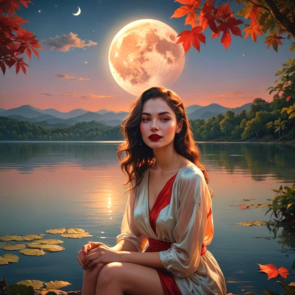 Beautiful Woman by Lake Under Moonlight