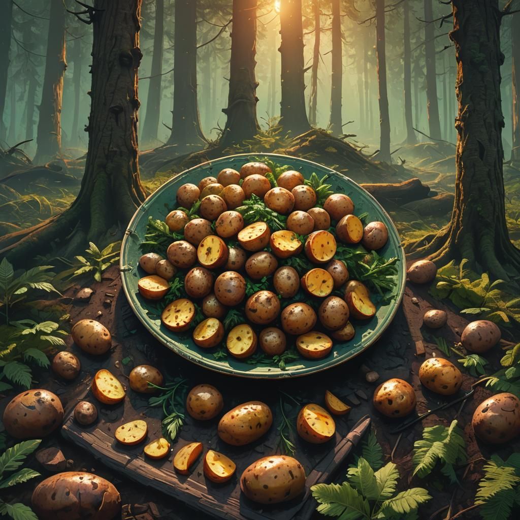 Roasted Potatoes on Warrior's Plate in Forest