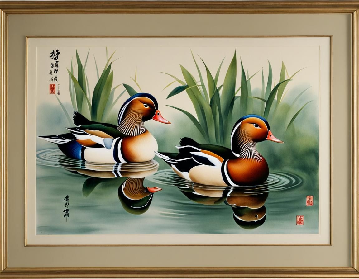 A beautiful pair of Mandarin Ducks swimming. Chinese ink pai...